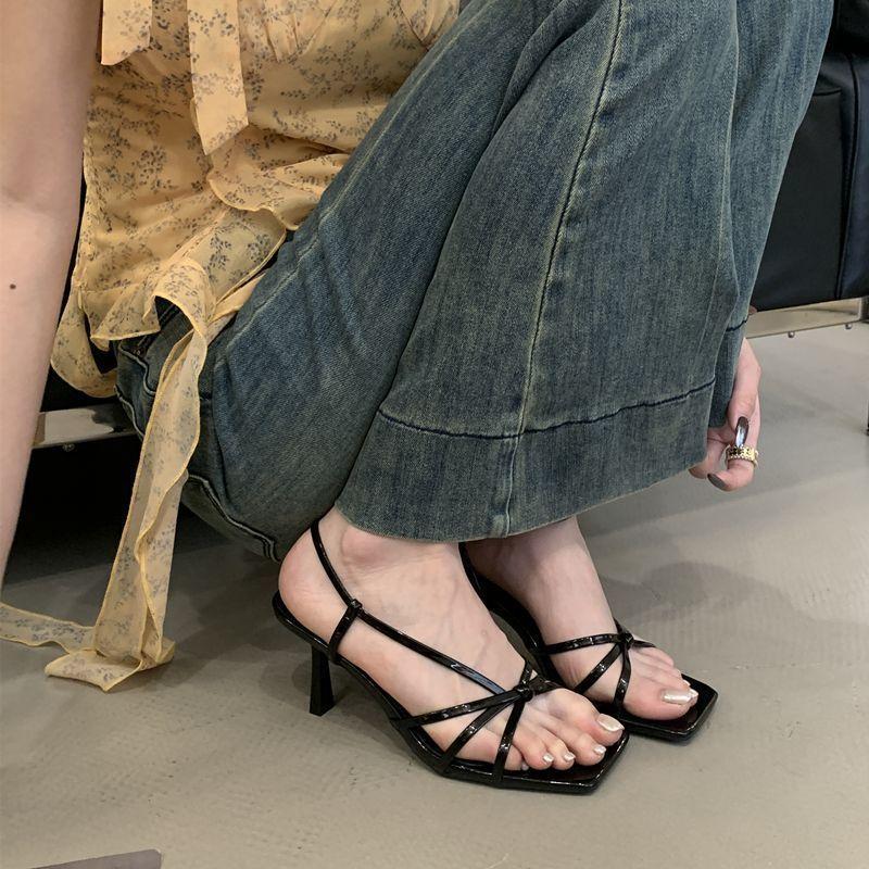 Internet celebrity temperament strappy celebrity stiletto open-toed high heels 2025 fairy style summer French cross-heeled sandals