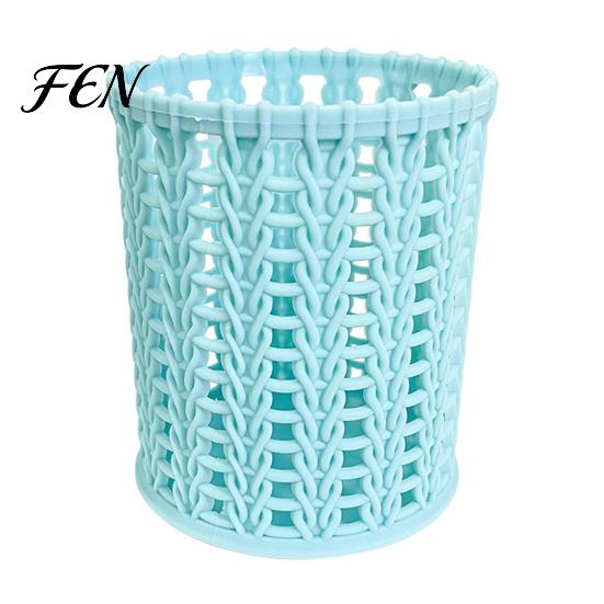 Organizador de Canetas Transparente com Suporte de Rattan Sintético, Organizador de Mesa Redondo Vazado, Copo de Grande Capacidade para Lápis Material de Escritório para Canetas Lápis Maquiagem