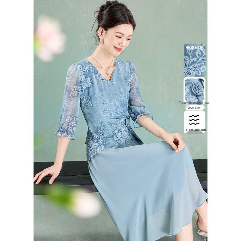 Elegant Lace Patchwork Faux Two-Piece V-Neck Dress XL