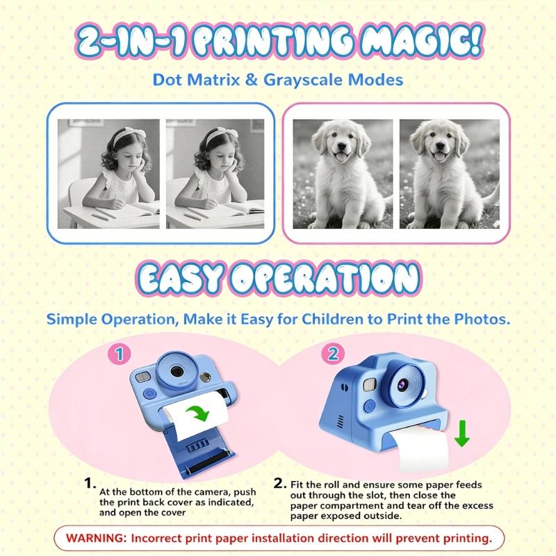 High Resolution Children's Digital Camera with Double Lens 4800W Pixels and Instants Thermals Printing for Creative Expression and Photo Memory