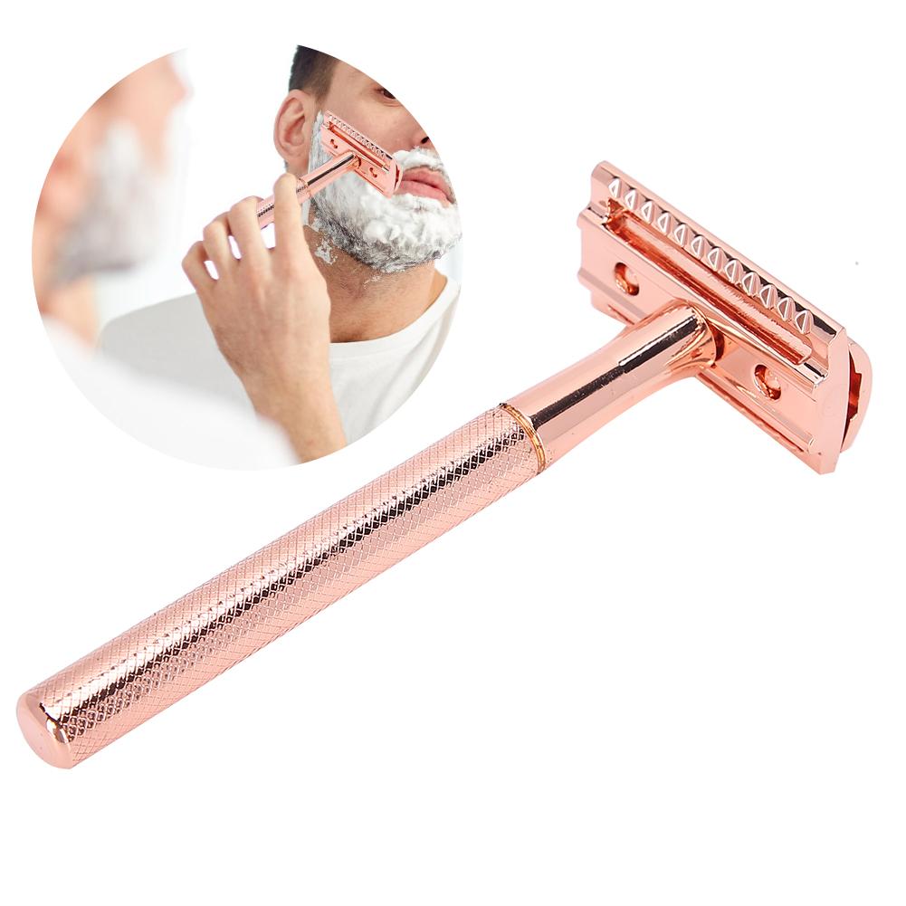 Navaja Manual para Hombre Aleación de Zinc Antideslizante Ajustada Hoja Doble Filo Cuchillo de Afeitar(Oro rosa )