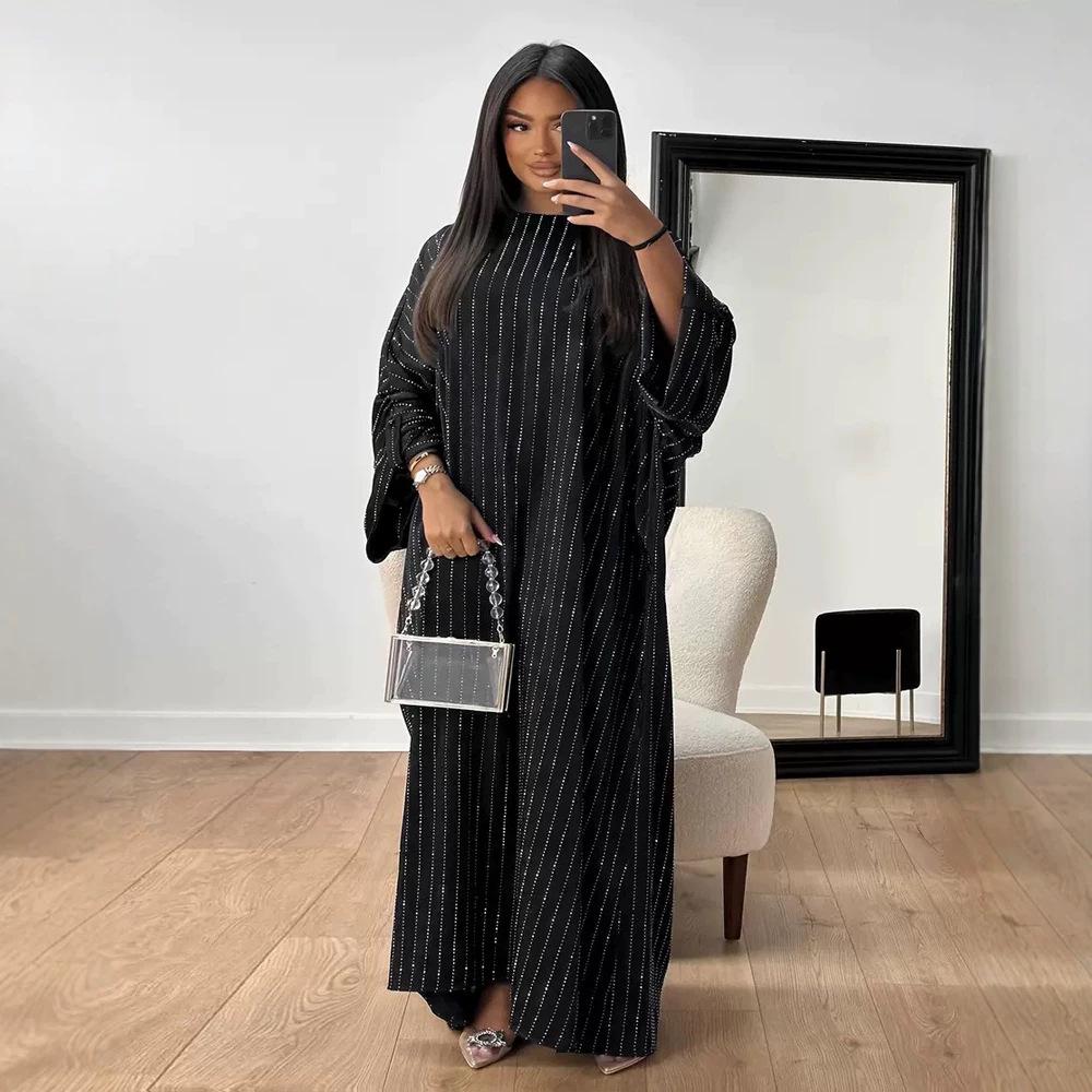 F479 Rhinestone Loose Long Dress with Striped Batwing Sleeves - Fashionable Women's Outerwear