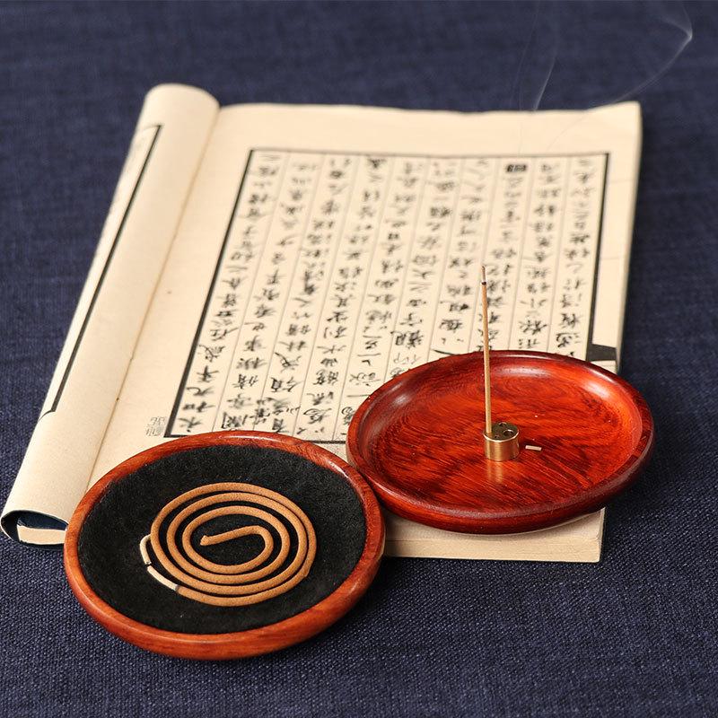 Round Vietnamese Rosewood & Redwood Incense Burner for Coils - Indoor Sandalwood Tibetan Dish Vietnamese Rosewood