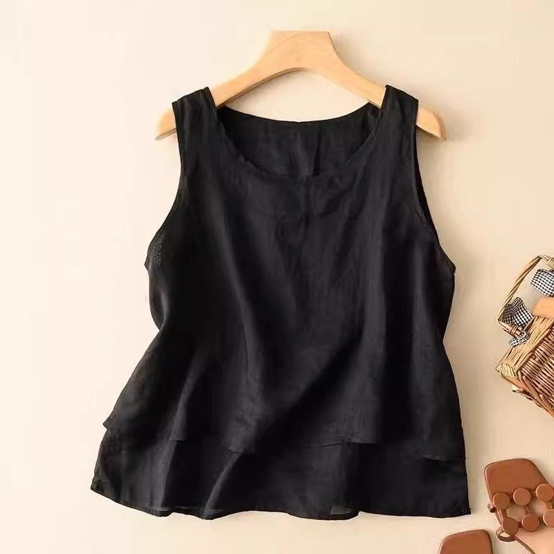 Women's Linen Sleeveless Tank Top Loose Casual Vintage Simple Spliced Camisole for Summer