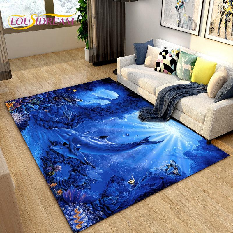 3D Seabed Illusion Underwater World Dolphin Shark Area Rug,Carpet Rug for Living Room Bedroom Sofa Doormat,Non-slip Floor Mat