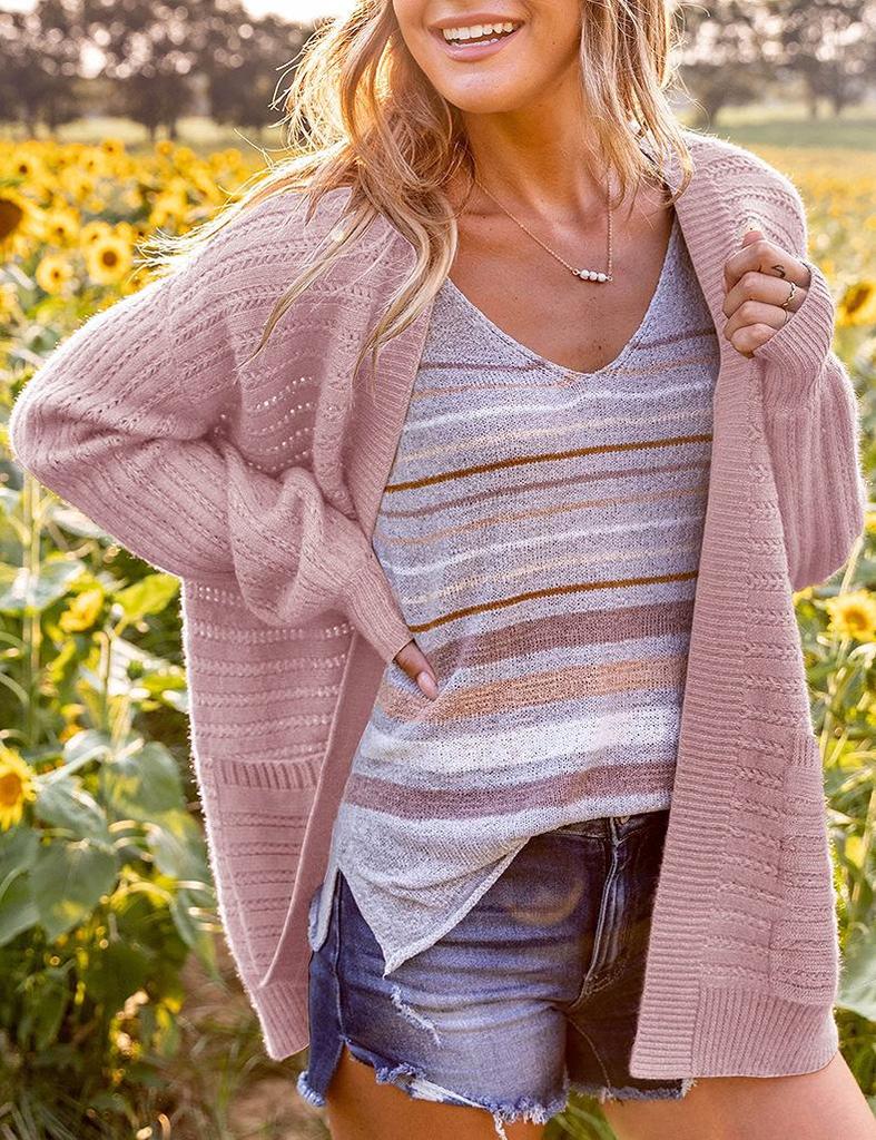 European & American Women's Hollow Knit Lantern Sleeve Cardigan - Autumn/Winter 2024 Style.