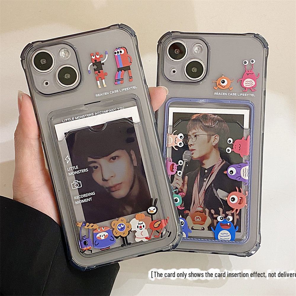 One-eyed Monster Card Insert Transparent Gray Phone Case for iPhone 13/14/15, Suitable for XR, 11/12 Pro, XS Max. Ideal for Women.