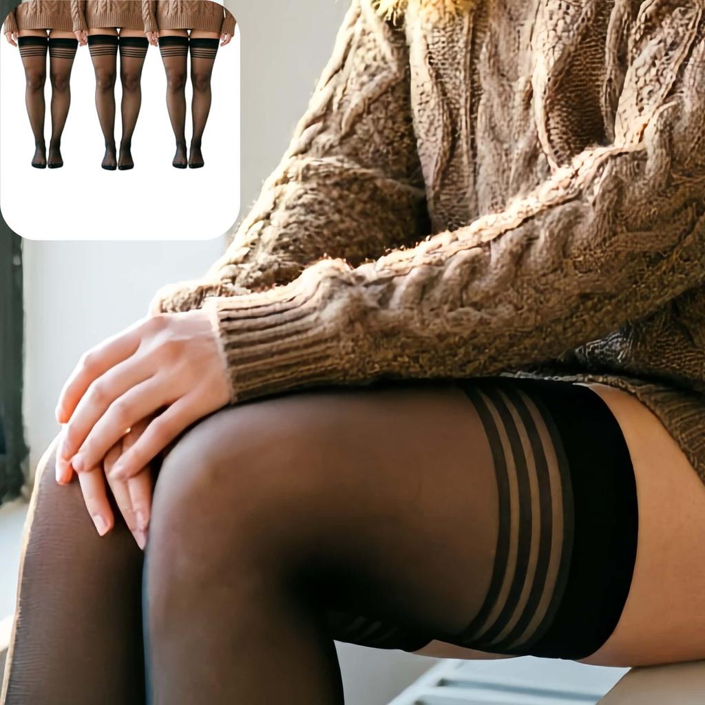 Women Sheer Sexy Elastic Hosiery Plus Size Striped Lace Thigh High Stockings Over Knee Stay Up Slim Fit Long Socks Big Size XXXL