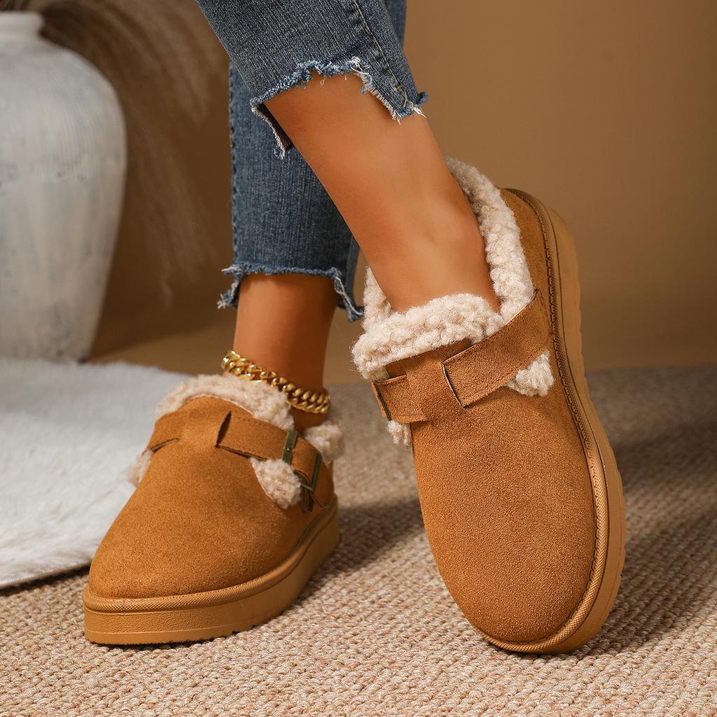 Fashion Women Brown Suede Closed Toe Boots Lined Buckle Strap Platform Winter Warm Comfortable Casual Slip on Boots for Women