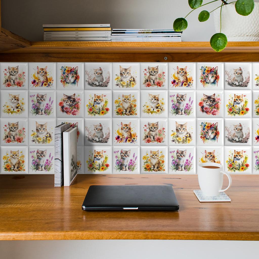 10Pcs Watercolor Flowers Cute Pet Wall Stickers Imitation Brick Bedroom Decoration Waterproof Self Adhesive Tile Wallpaper Kitchen Cupboard Decor