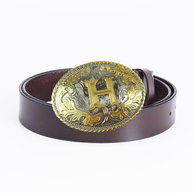 Whole Cowhide Men's Belt Retro Wide Denim Belt Ethnic Letter H Belt