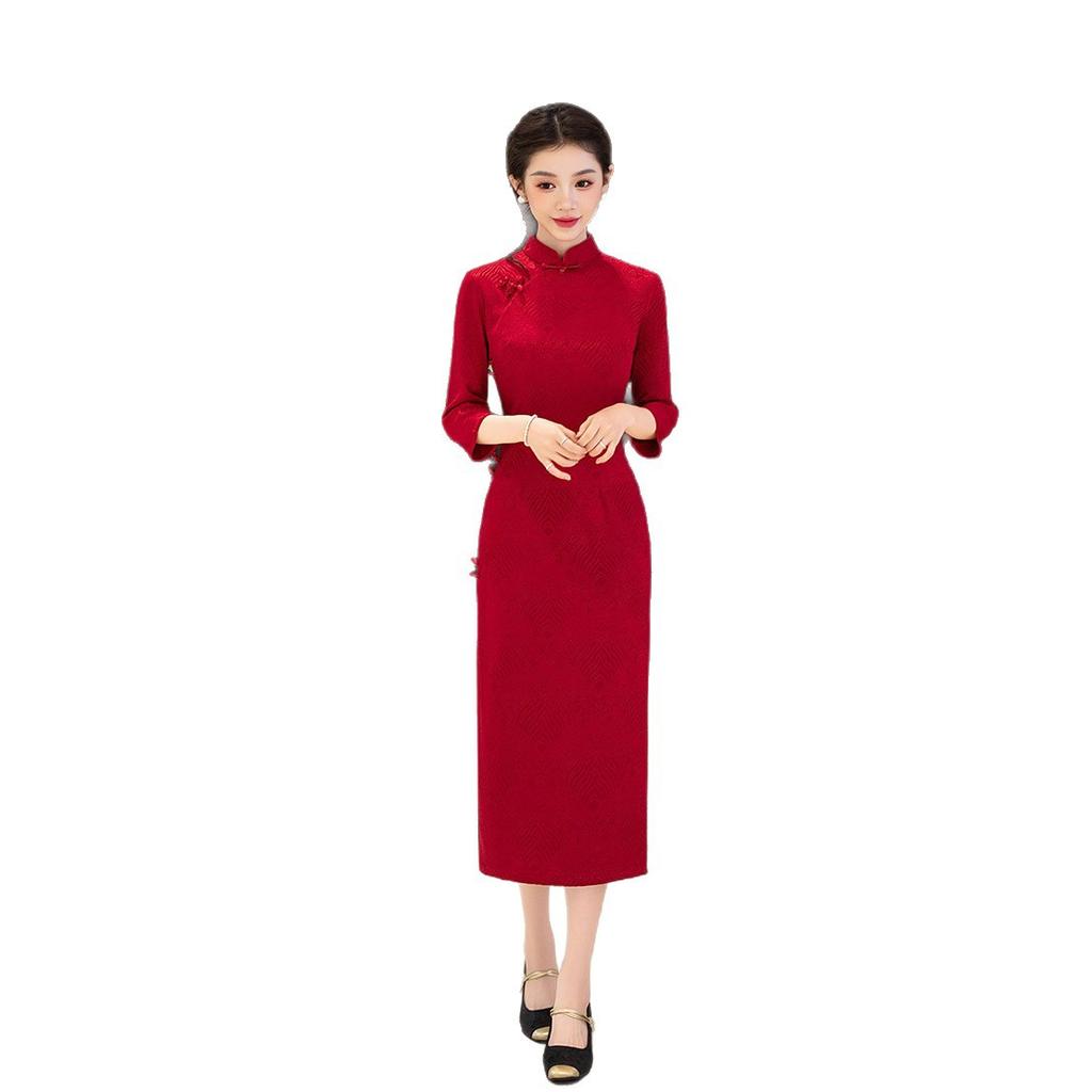 Red New Chinese Improved Long Sleeve Home Cheongsam 1011 Autumn Engagement Dress Small Young Premium