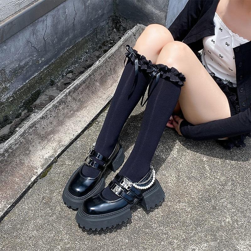 Black Hottie Pure Wind Over Knee Stockings Sweet Lace Lolita JK Stockings Cute Bow Calf Socks