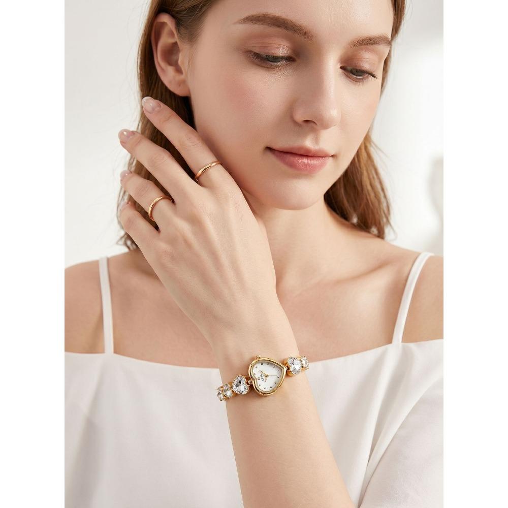 GEDI Women Quartz Wrist Watch Heart Shaped Dial Rhinestone Decor Metal Link Bracelet Waterproof Dress Watch