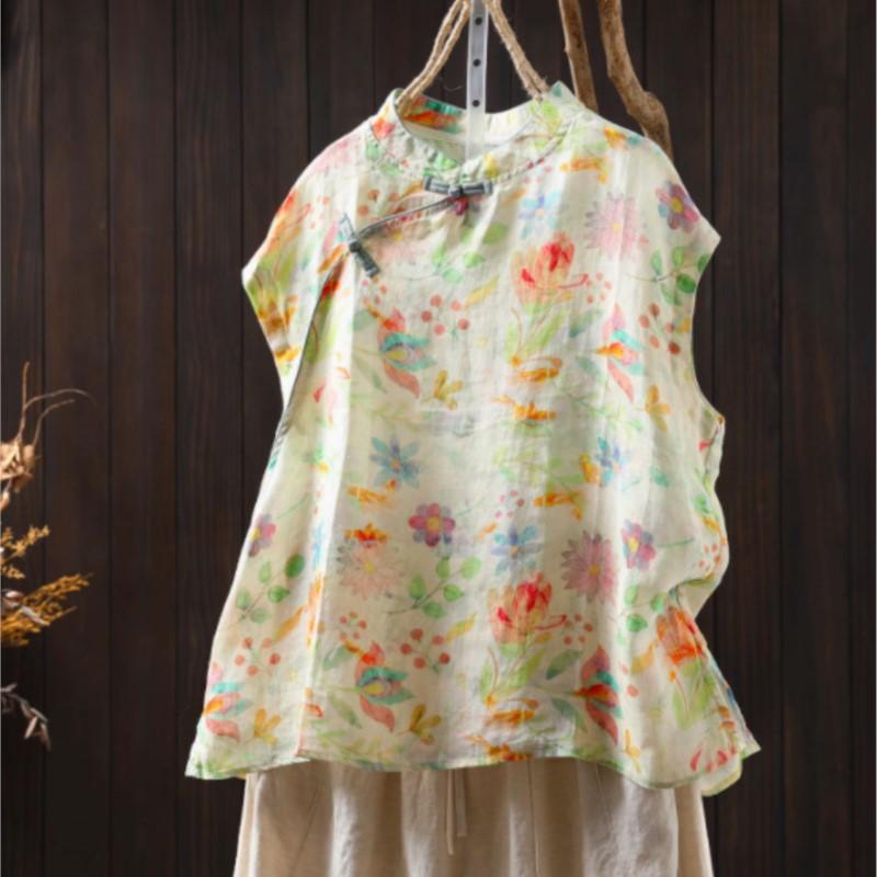Johnature Women Chinese Style Print Floral Shirts Stand Sleeveless Button Summer Blouses Vintage Female Shirts