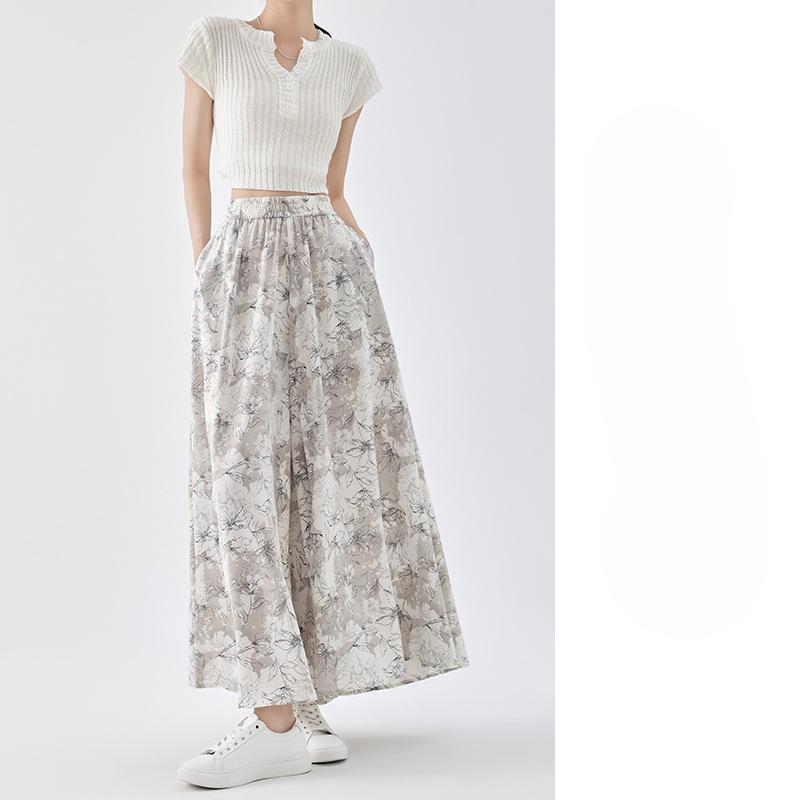 New Chinese Ice Silk Ink Painting Pants for Women's Summer New Pleated Half-body Casual and Versatile High Waist Drooping Wide-leg Skirt Pants