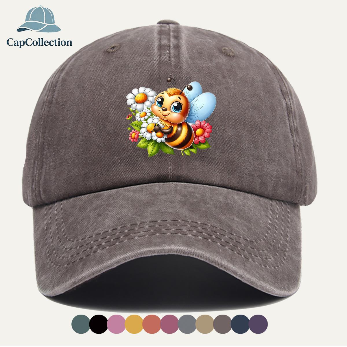 pc Cartoon Little Bee Floral Print Baseball Cap Cute Bee Honey Gathering Pattern Fresh Colorful Flower Design Fashionable An 1pc