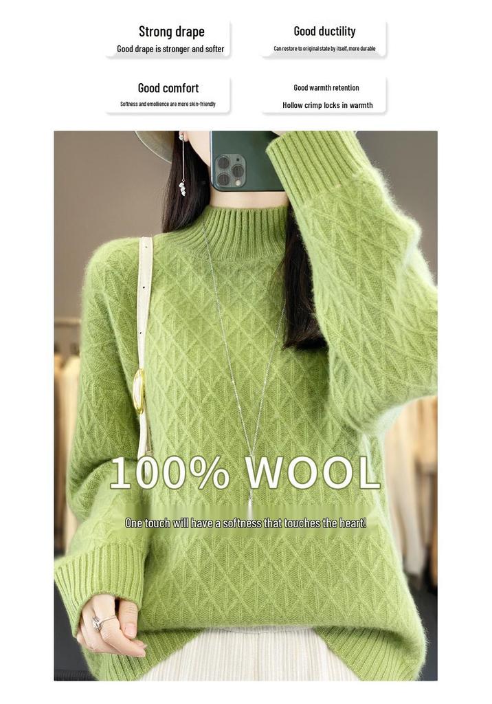 2023 Loose Fit High Neck Wool-Blend Sweater with Diamond Pattern for Autumn & Winter