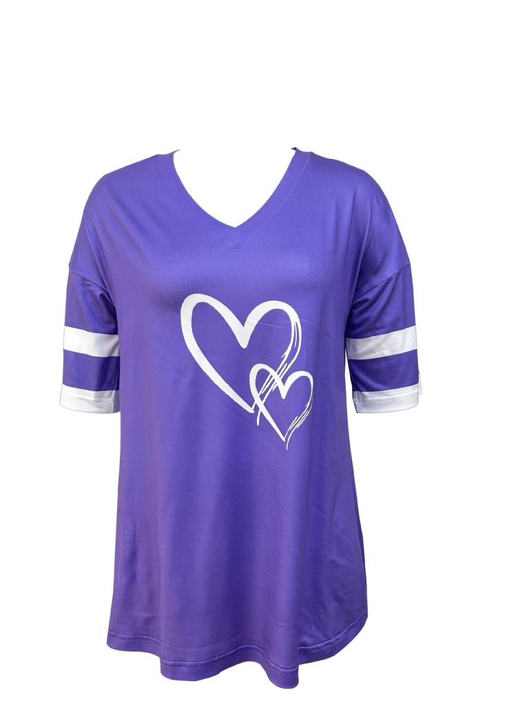 Spring/Summer Women's Heart Print V-Neck Striped Loose T-Shirt with Drop Shoulder