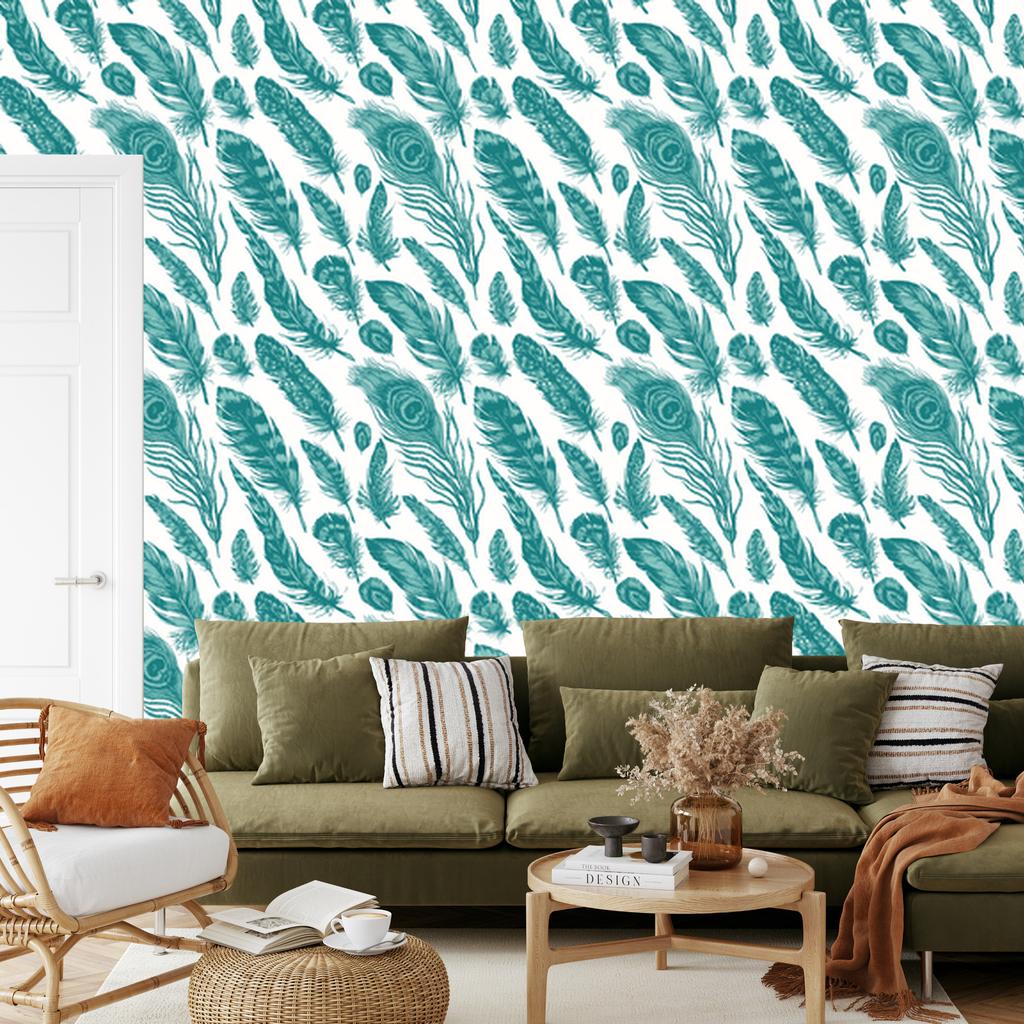 Wallpaper Turquoise feathers on a white background for the living room and bedroom 50x1000