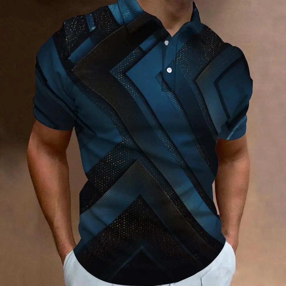 Modern geometric print short-sleeve polo shirt, casual and versatile for daily wear.