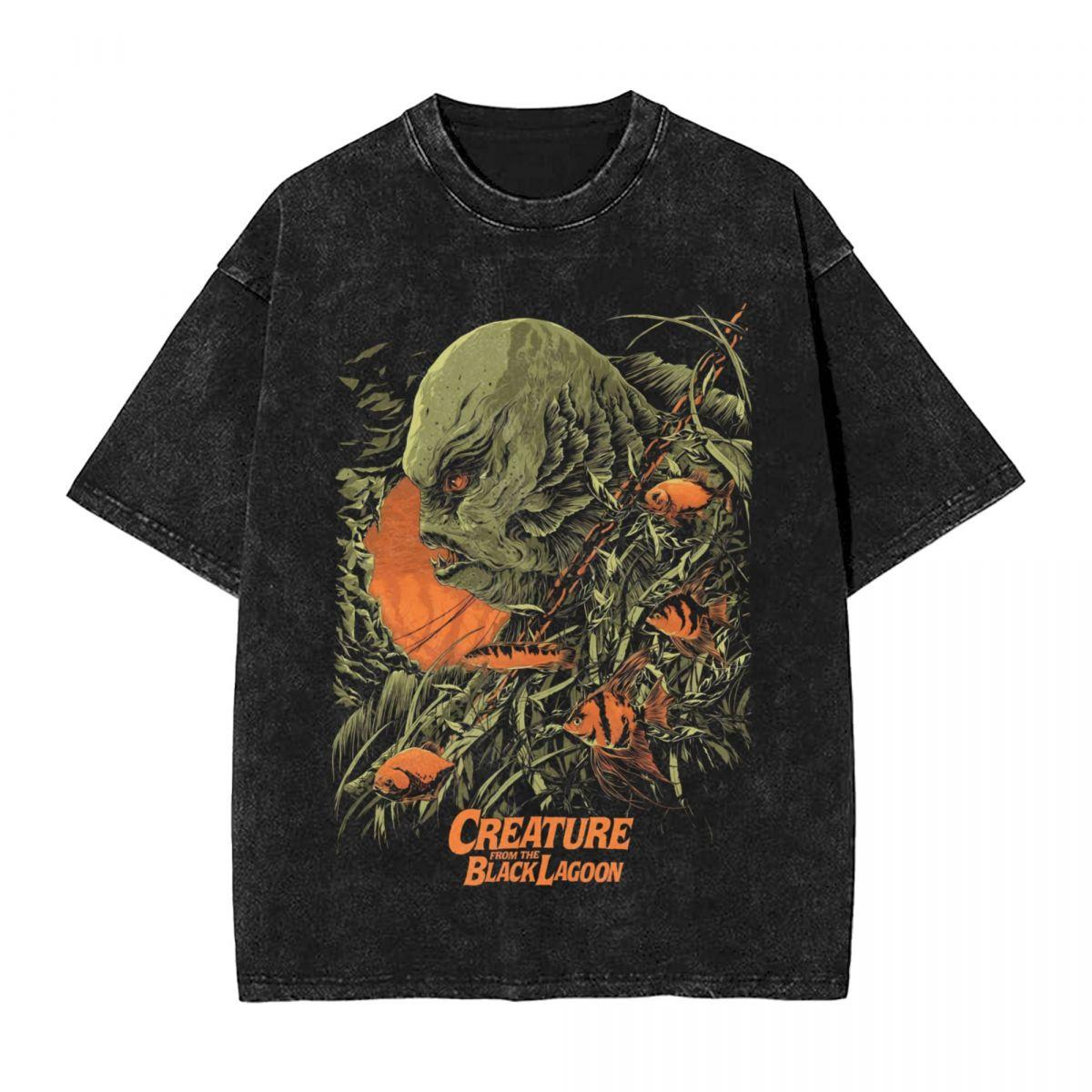 Universal Monsters Black Lagoon Creature woman Men Washed Hot stamping Print TShirt Cotton Tshirt Summer Short Sleeve Tees S
