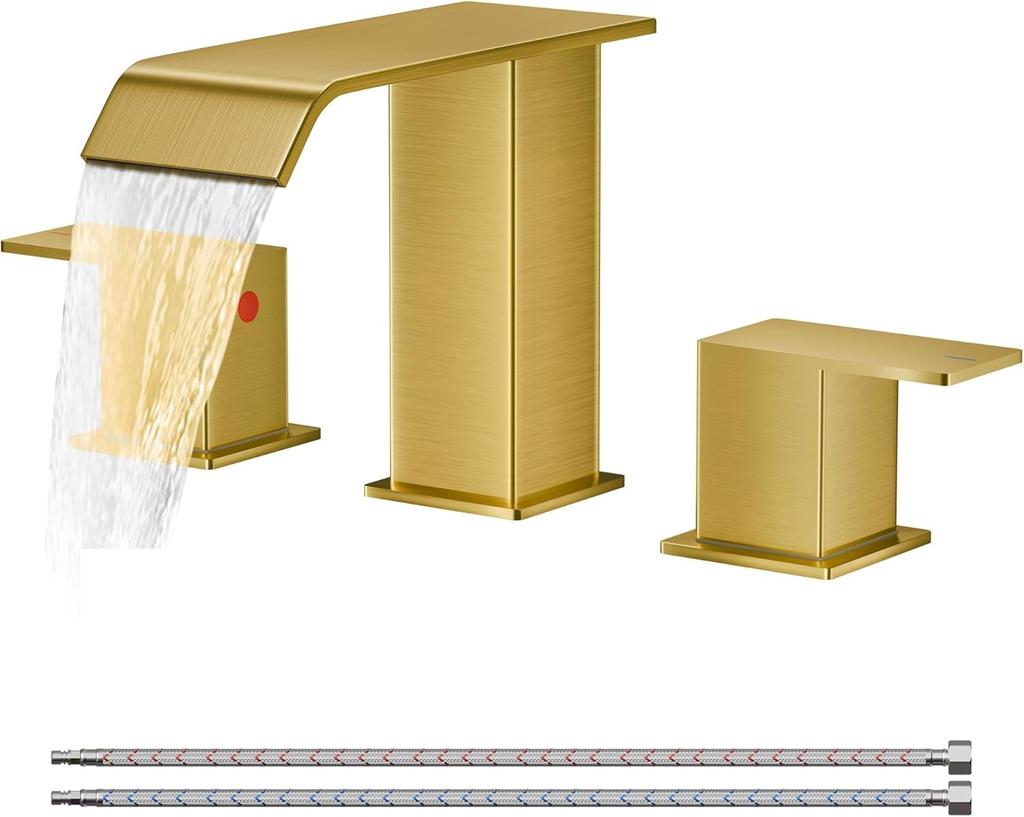 Bathroom Waterfall 3 Holes Basin Faucet, 2 Handles Cold Hot Water Mixers Sink Taps Black Chrome Brushed Gold