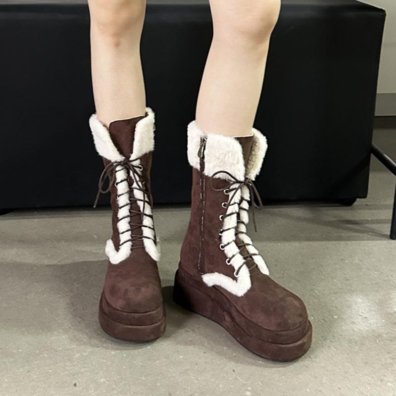 Wonderful fluffy snow boots women's autumn and winter new coffee thick-soled plush warm medium tube knight Martin boots