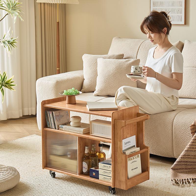 Solid Wood Retro Trolley: Movable Side Table & Snack Cart