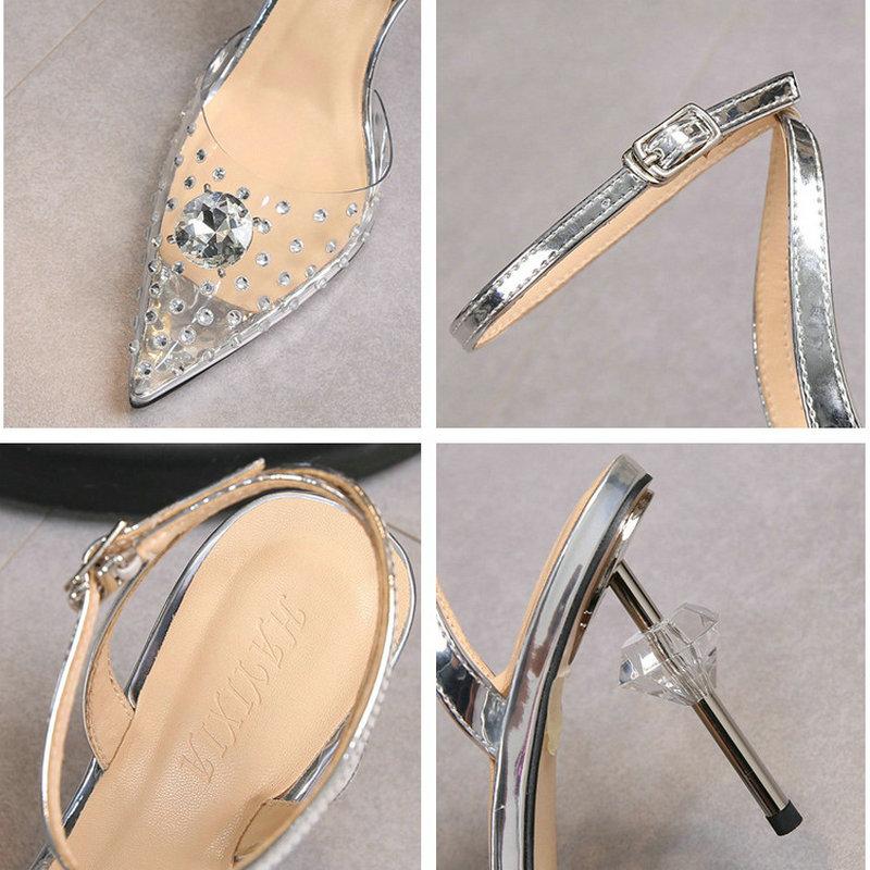 Fashion Pointy Transparent Sandals 2024 New Summer Leather Net Red With A Line With Rhinodrill High Heels Female Stiletto Bun Head