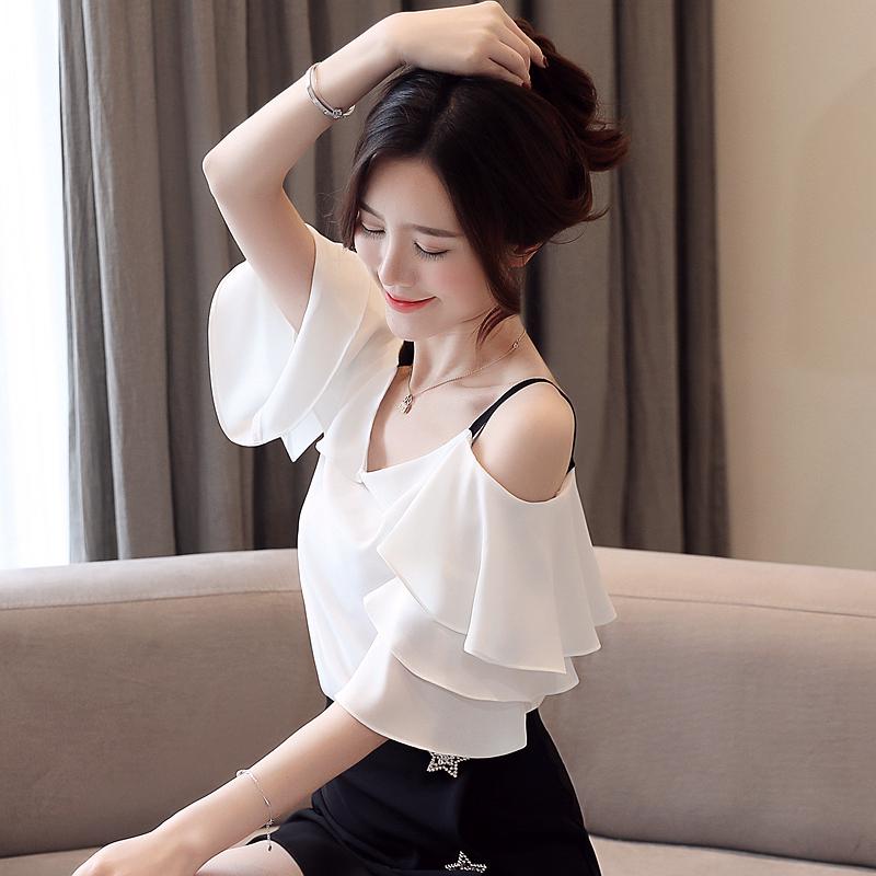 Summer New Ruffles White Chiffon Blouse Shirt Women Tops Off Shoulder Top J274