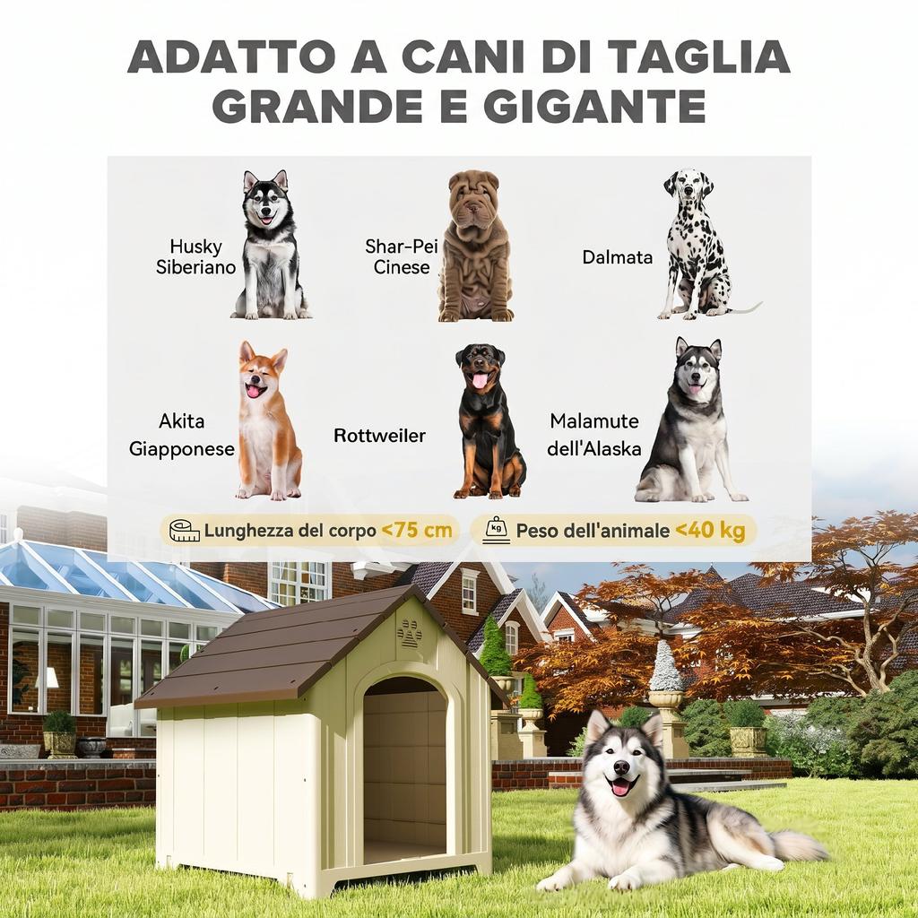 Raised Dog Kennel with Sloped Roof and Air Vents, PP, 102x94x103 cm, Beige and Dark Brown