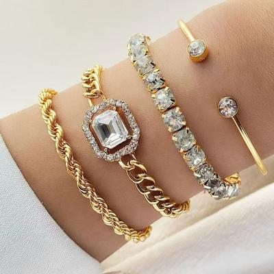 Literary and Artistic Retro Versatile Metal Chain Square Diamond 4-piece Set of Hot Selling Multi-layer Diamond Stacked Bracelet Set