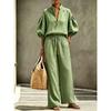 Women 2 Piece Outfit Stand Collar Half Zip Puff Sleeve Blouse Drawstring Wide Leg Pants Casual Two‑Piece Set