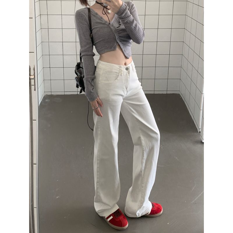 Kumikumi White Straight-Cut Casual Denim Female 2025 Fall High Waist Loose Loose Pants Easiest for Match Mop Pants
