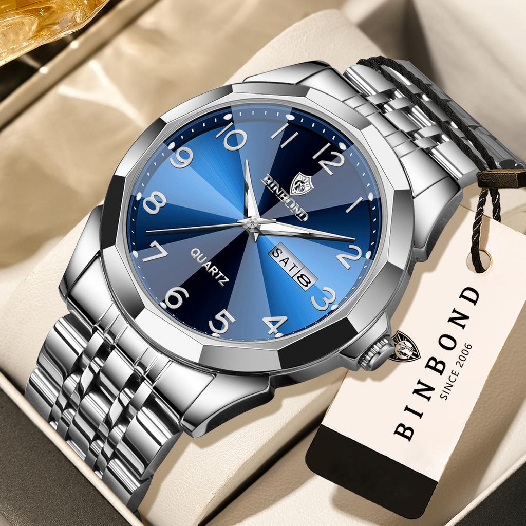 BINBOND Men's Quartz Watch Luxury Sturdy Luminous Waterproof Week Display Auto Date Accurate Stainless Steel Reloj