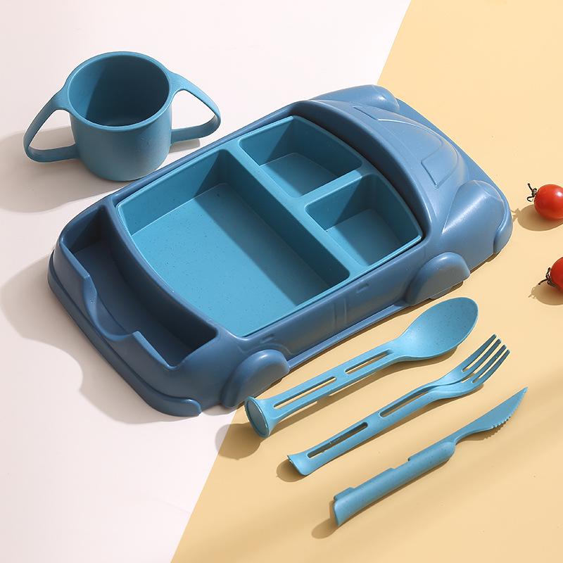 6-Piece Children's Wheat Tableware Set – Baby Plate, Knife, Fork, Spoon, Cup & Divided Cartoon Plate
