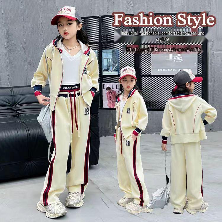 Korean-Style Girls' Spring Set: 2025 Trendy Hooded Sweatshirt & Sporty Two-Piece
