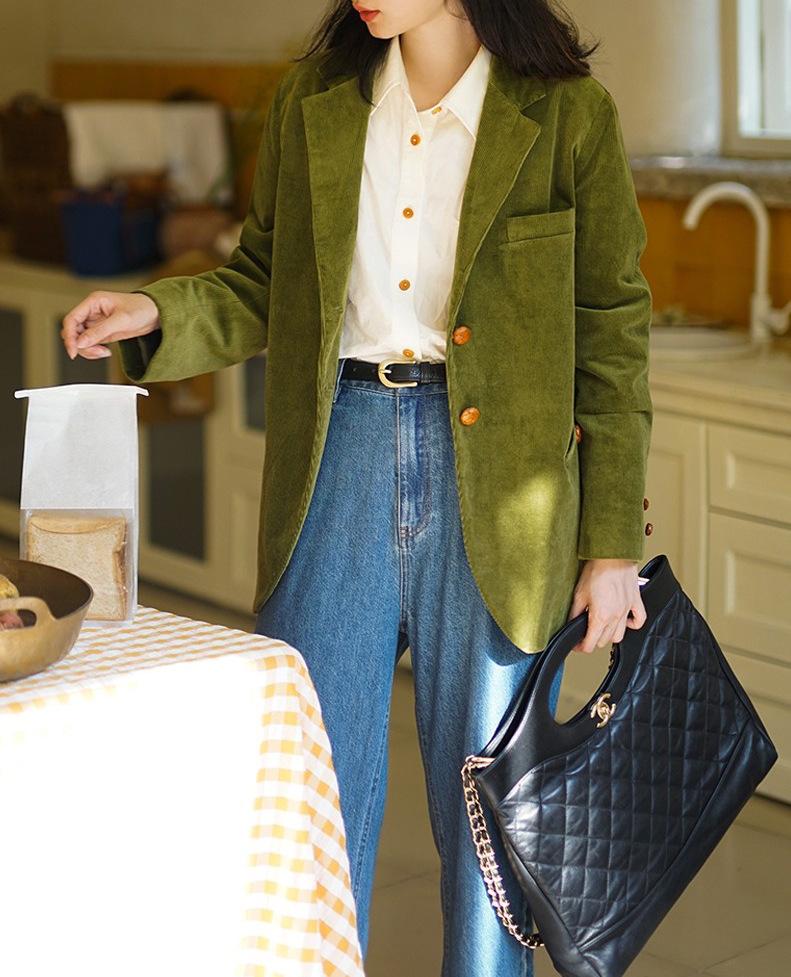 Green Corduroy Retro Suit - Women s Petite Casual Autumn Jacket M темно-зеленого