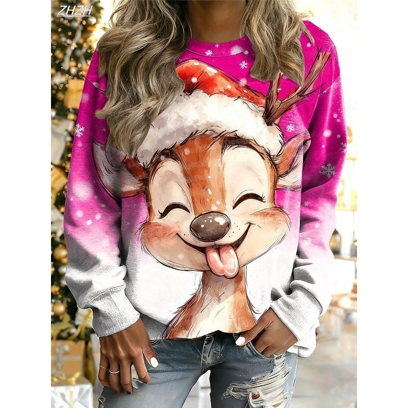 Women's Pullover Graphic Reindeer Ugly Christmas Casual Long Sleeve Crew Neck Regular Tops Street Dailywear