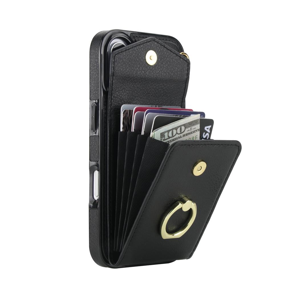 For iPhone 17 Case Leather + TPU Accordion Card Bag Phone Cover with Ring Kickstand