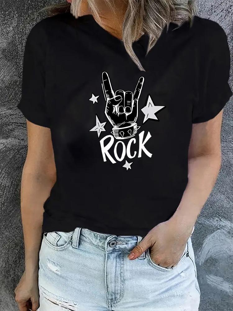 Womens Rock TShirt with Iconic Hand Gesture and Guitar Pick Print Soft Casual Wear for All Seasons Round Neck Short Sleeve Top