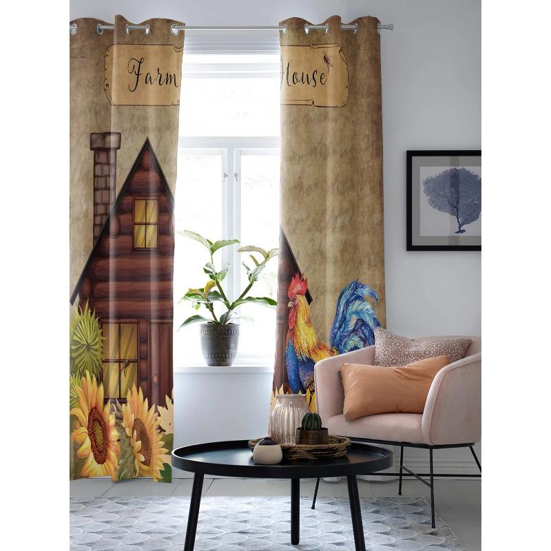 Винтажные шторы на окна с изображением подсолнечника и петуха — фото 5