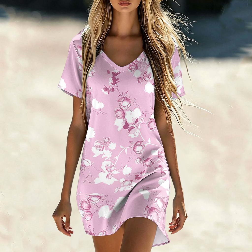 Womens V Neck Short Sleeve Casual Dress Floral Print Lightweight Summer Tunic Dress for Daily Wear Beach Cover Up