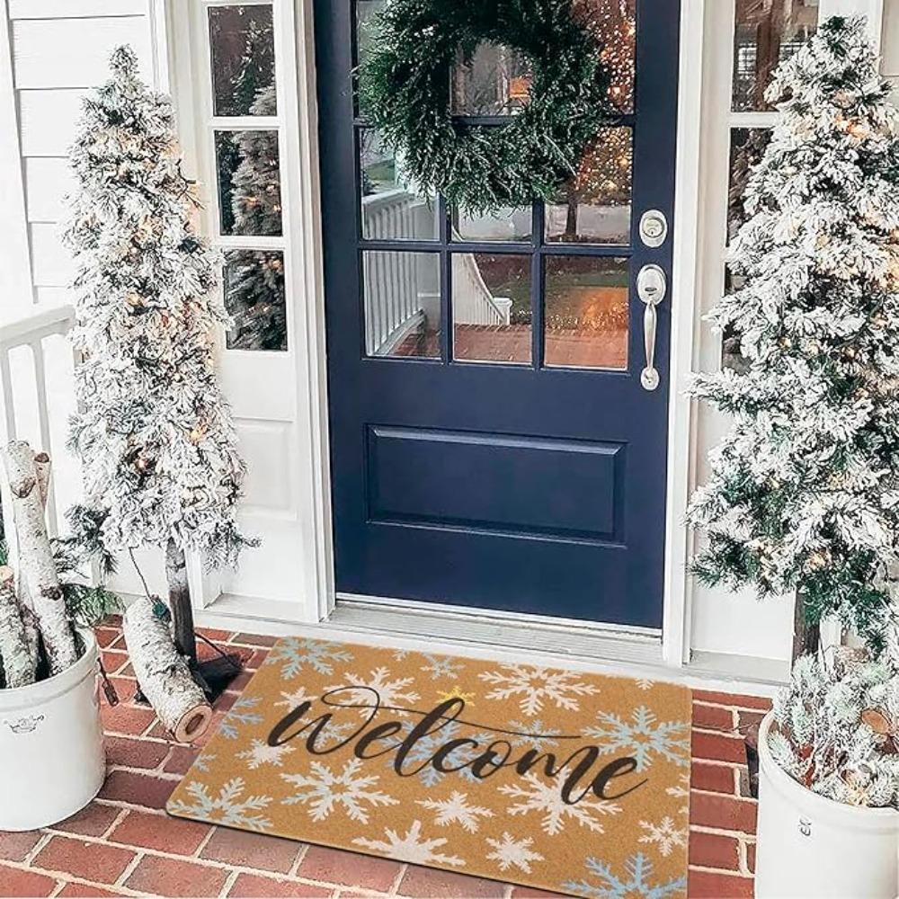 Christmas Carpet Mat Rug Hand-painted Pine Tree with Welcome Text Black Plaid Border Non-slip Floor Mat for Home Decoration