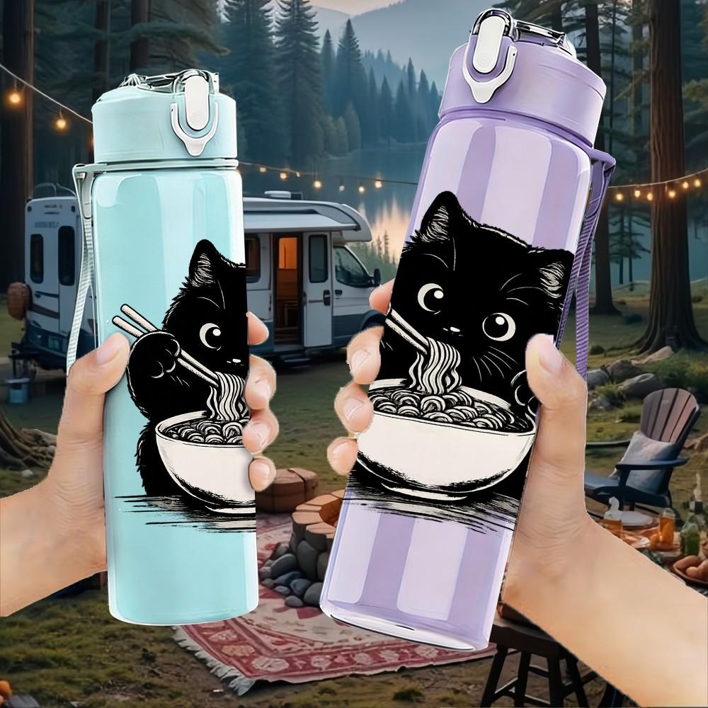 1PC Black Cat Eating Noodle Print 750ml Color Plastic Sports Water Bottle Leakproof Flip Straw Lid Suitable for Sports Office Home Use