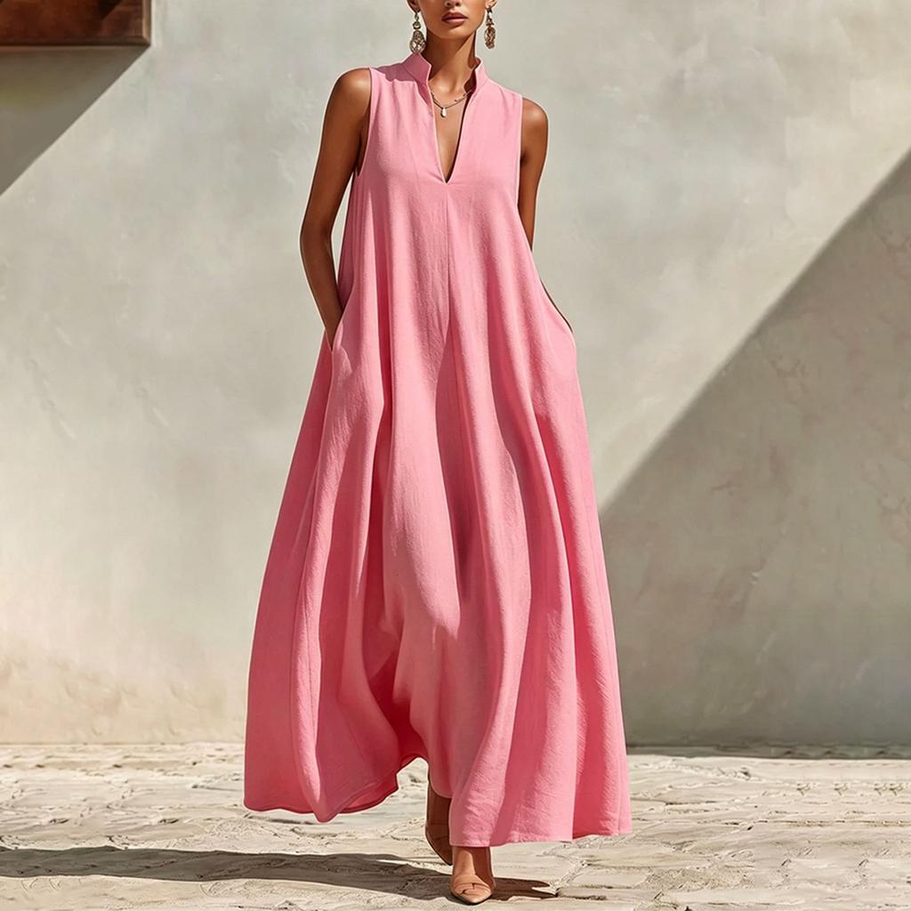 Women Sleeveless Maxi Dress V Neck Loose Fit Wide Swing Casual Summer Vacation Long Dress with Pockets