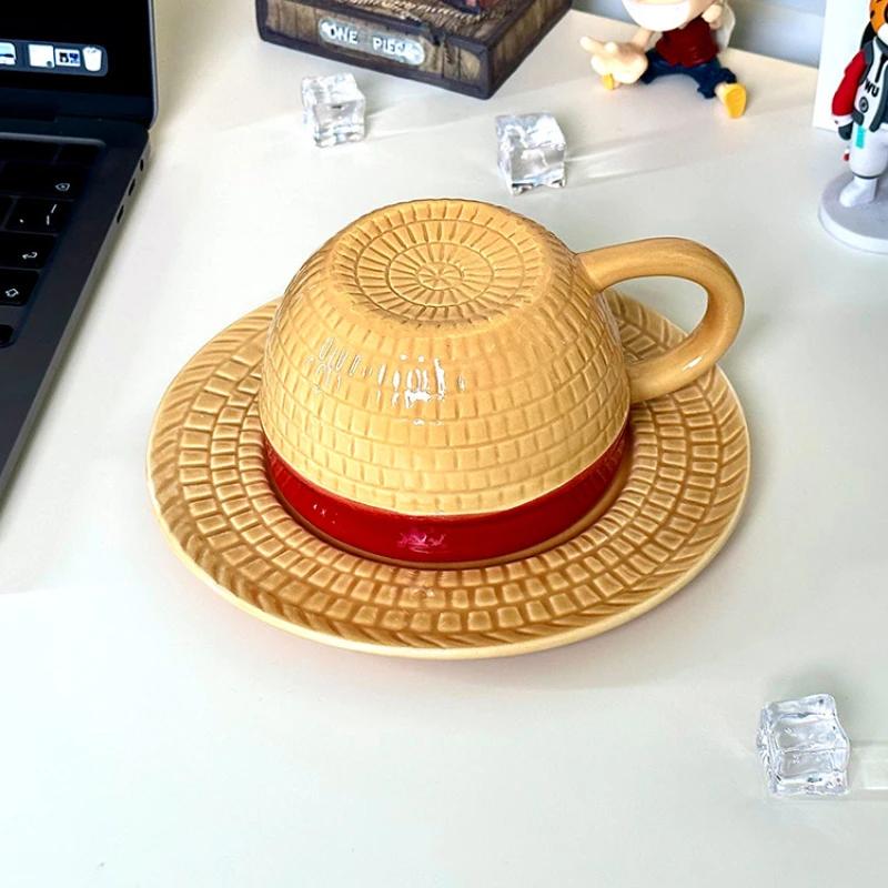 Anime Design Coffee Cup Luffy Eiss Sabo Creative Three Brothers Hat Shaped Ceramics Coffee Cup and Saucer Child's Birthday Gift