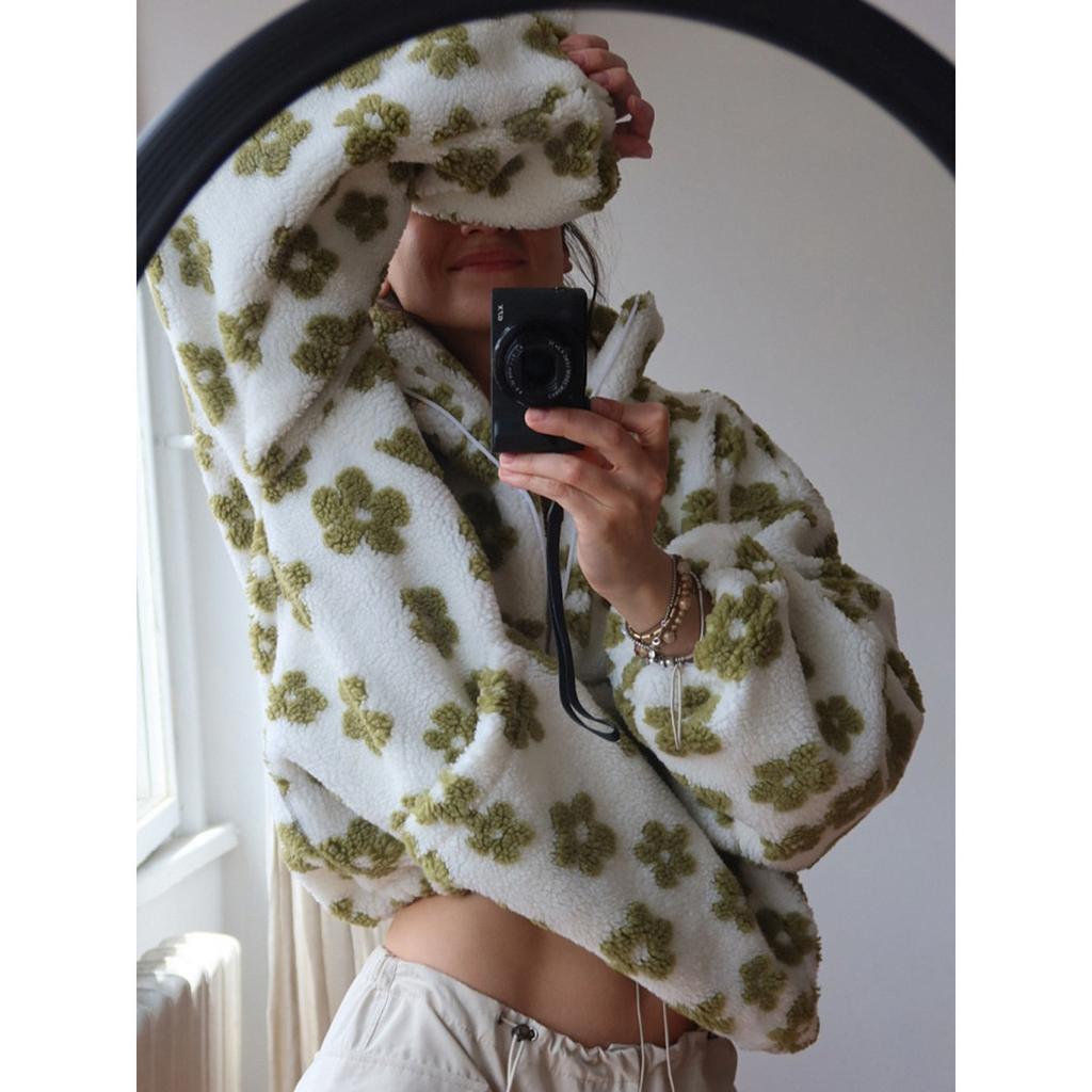 2025 Winter Autumn Women's Fleece Floral Sweatshirt Fashion Warm Fuzzy Pullover Top