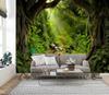 Misty Forest Tree Cave Tapestry Nature Green Tapestry Enchanted Rainforest Tropical Jungle Sunshine Flowing Stream Landscape